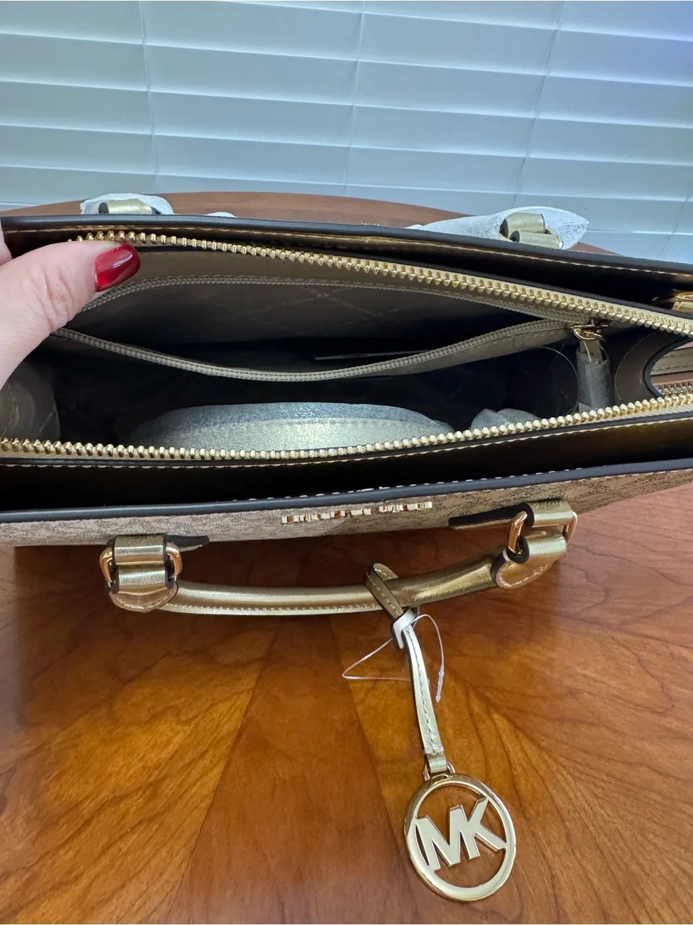 Michael Kors Two-Tone Beige Logo Satchel with Gold Hardware
